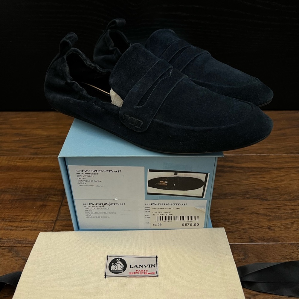 LANVIN Paris Navy Blue Suede Penny Loafers Flats Size 36 EU 6 US Shoes $570
